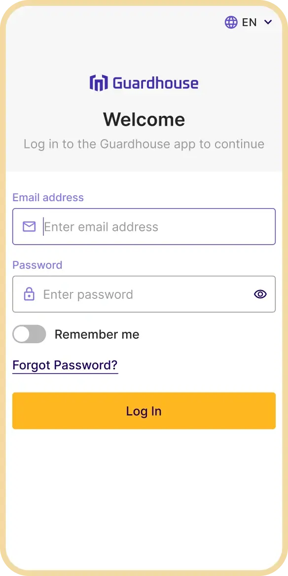 Guardhouse mobile UI — authentication flow variant 1