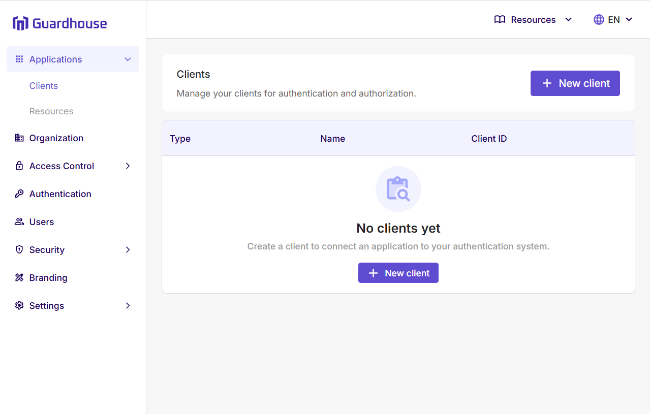 Clients page with the New client action