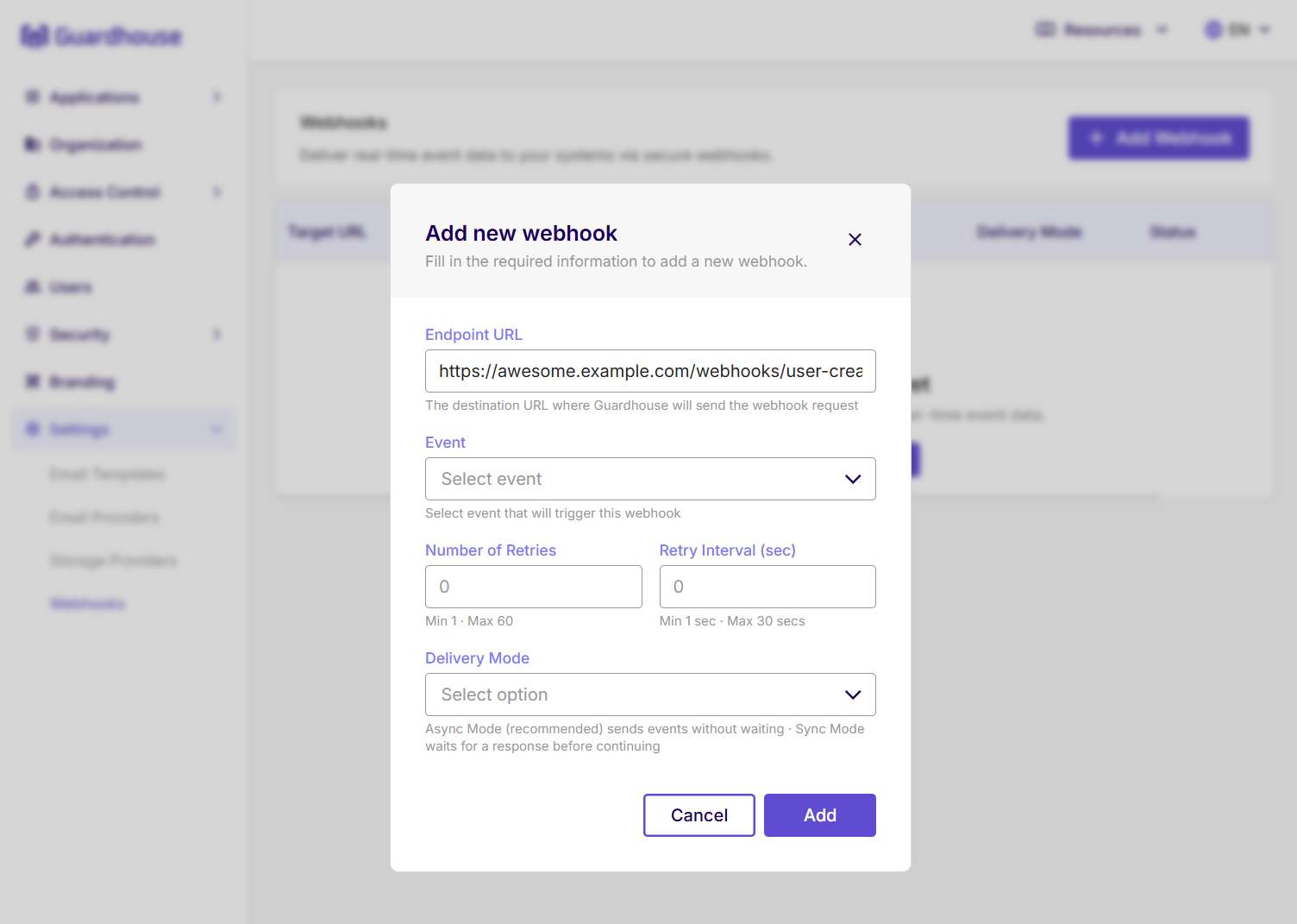 Guardhouse Add new webhook dialog with Endpoint URL