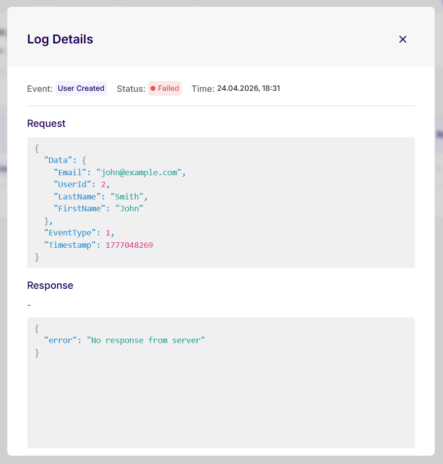 Guardhouse webhook log details with request and response body