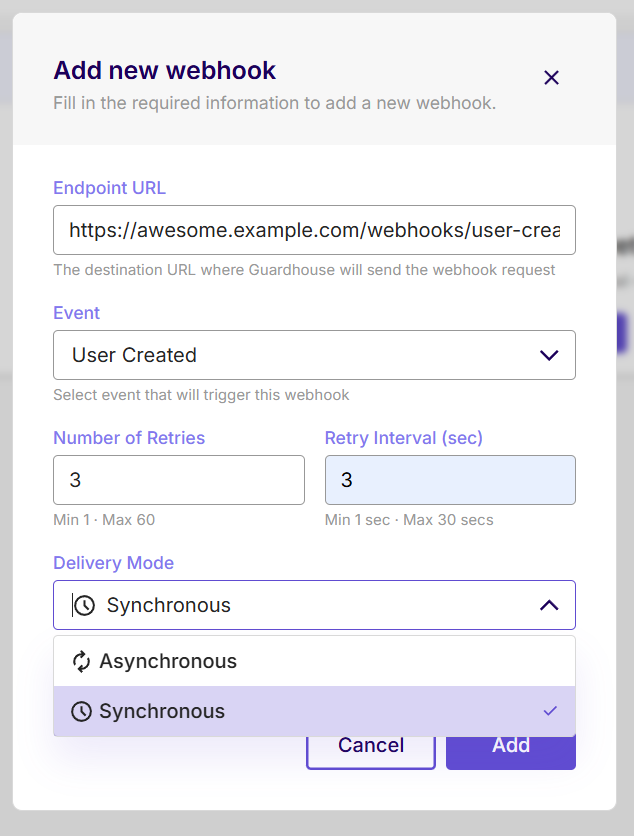 Guardhouse Add new webhook dialog with retries and delivery mode