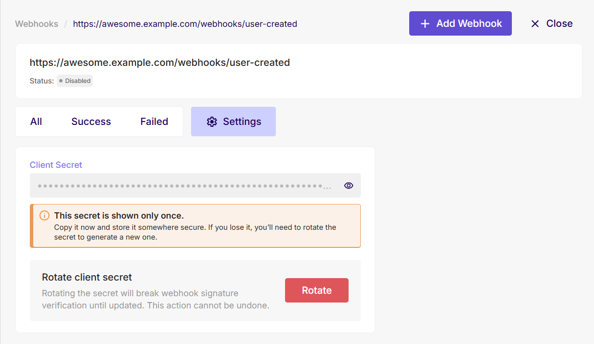 Guardhouse webhook Settings tab with one-time client secret warning