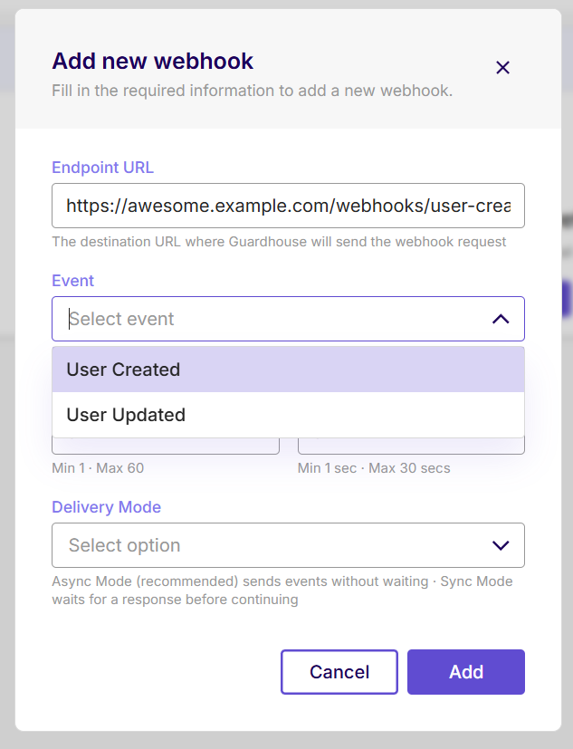 Guardhouse Add new webhook dialog with Event dropdown