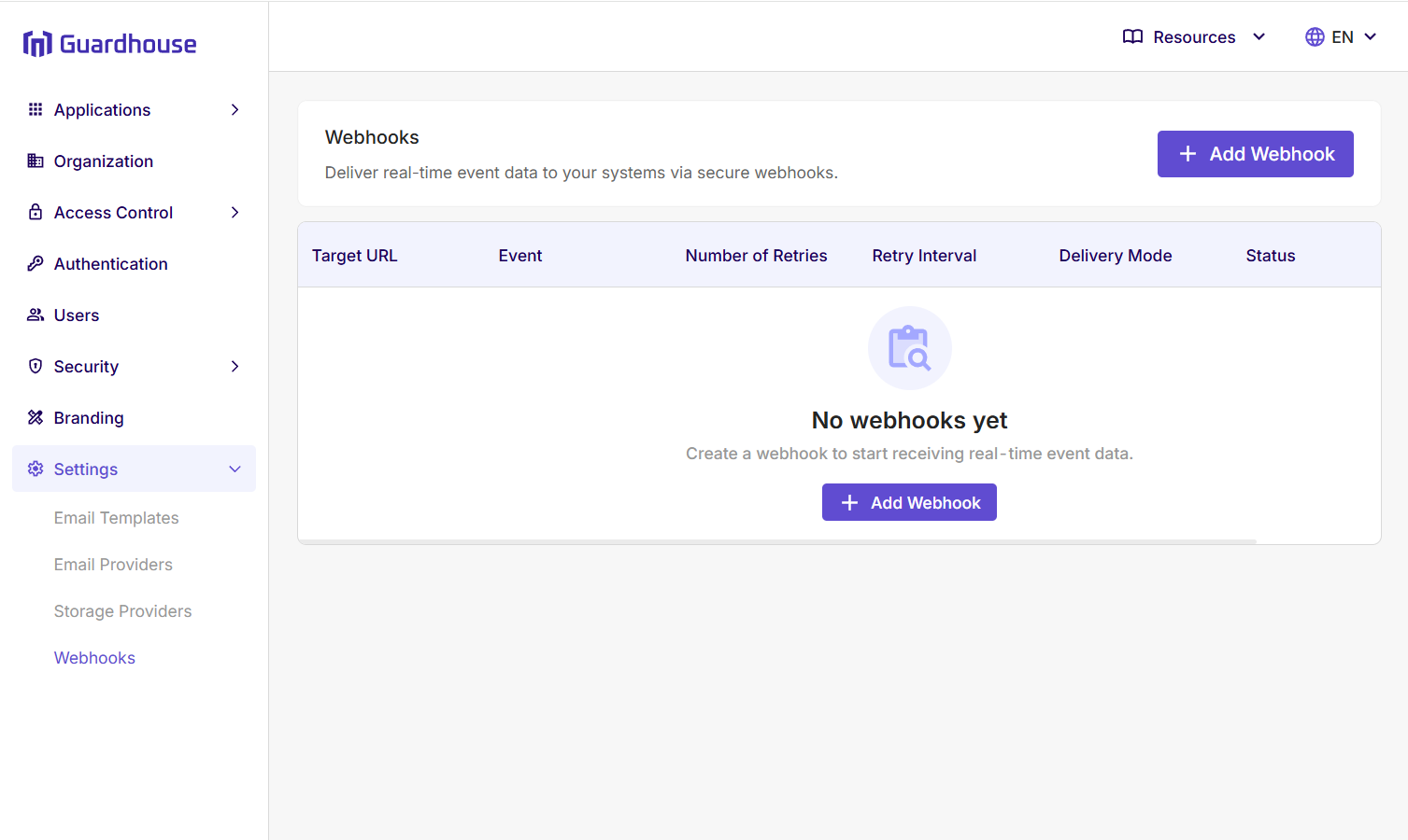 Guardhouse Webhooks settings page